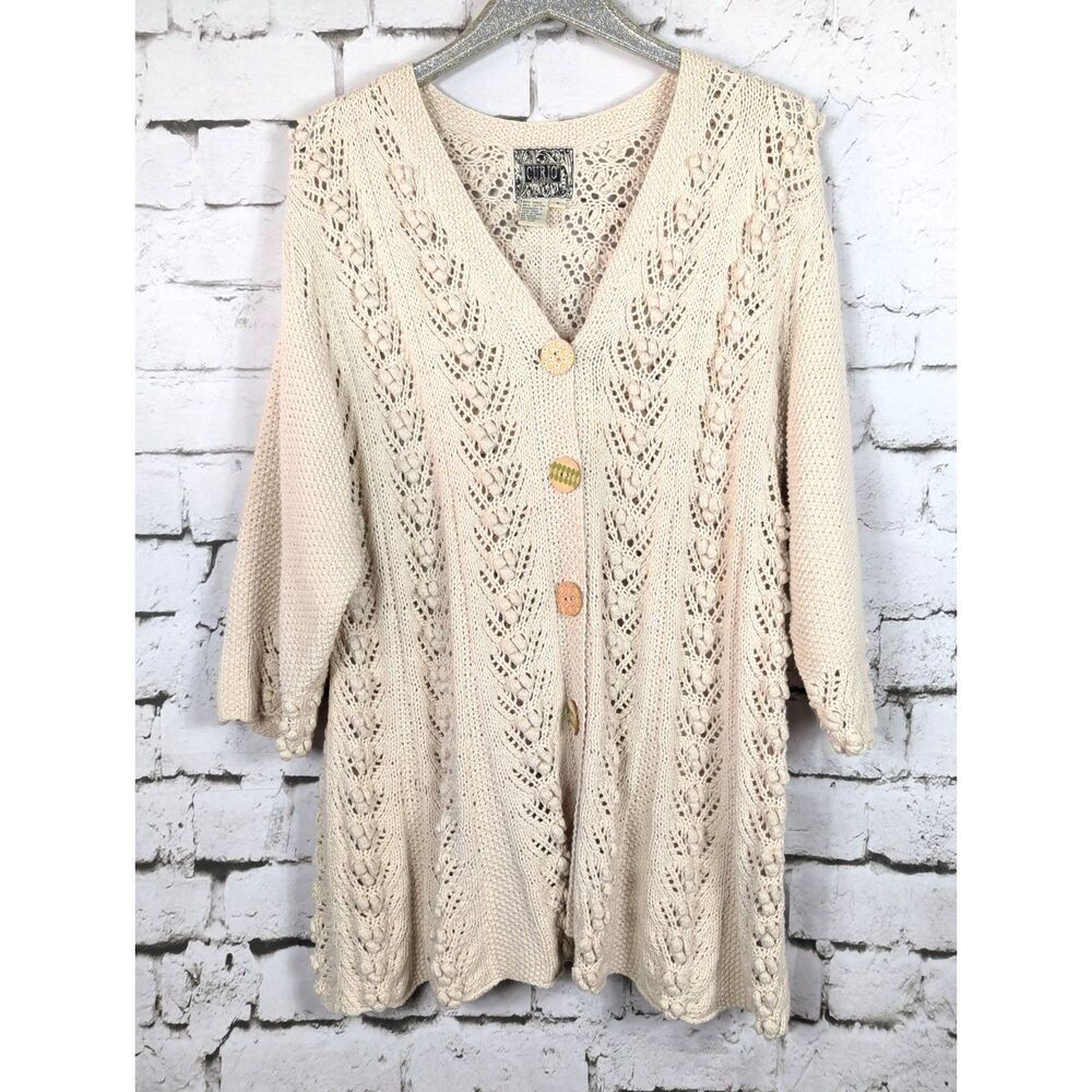 VINTAGE CURIO Very Oversized Heavy Cable-Knit Cardigan Boho Cottage Beachy Small